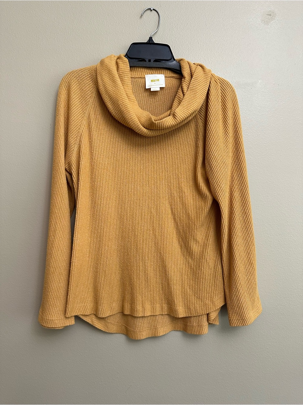 Anthropologie Maeve Mustard Ribbed Cowl-Neck Thermal Top